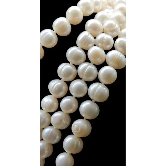 Freshwater Ringed Pearl Necklace 80" Glowing Bridal White 9mm-10mm Free Form